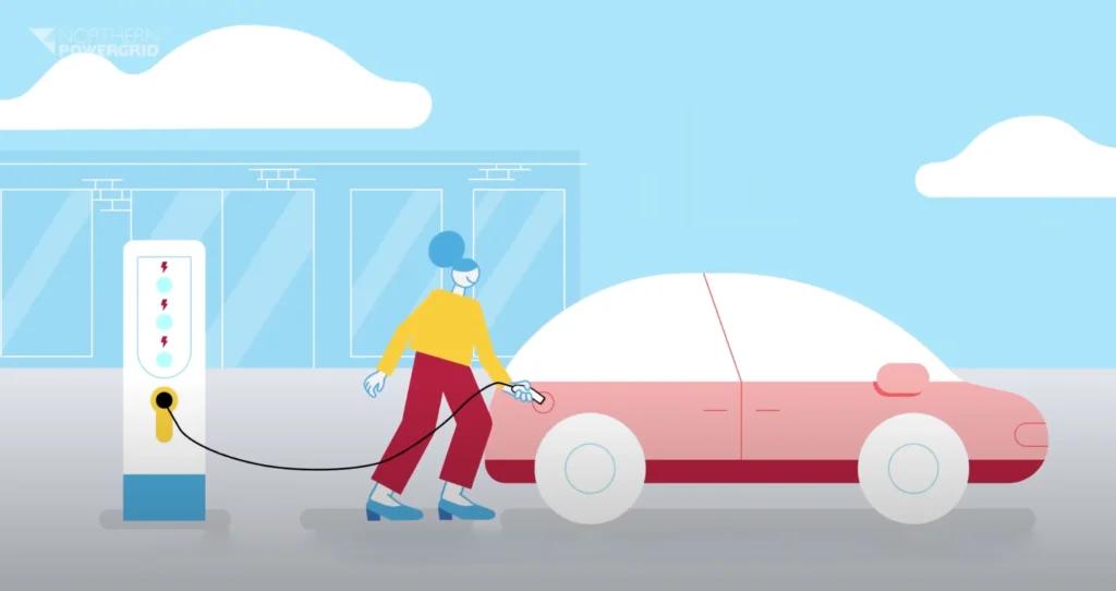 Animated image of a woman charging a car