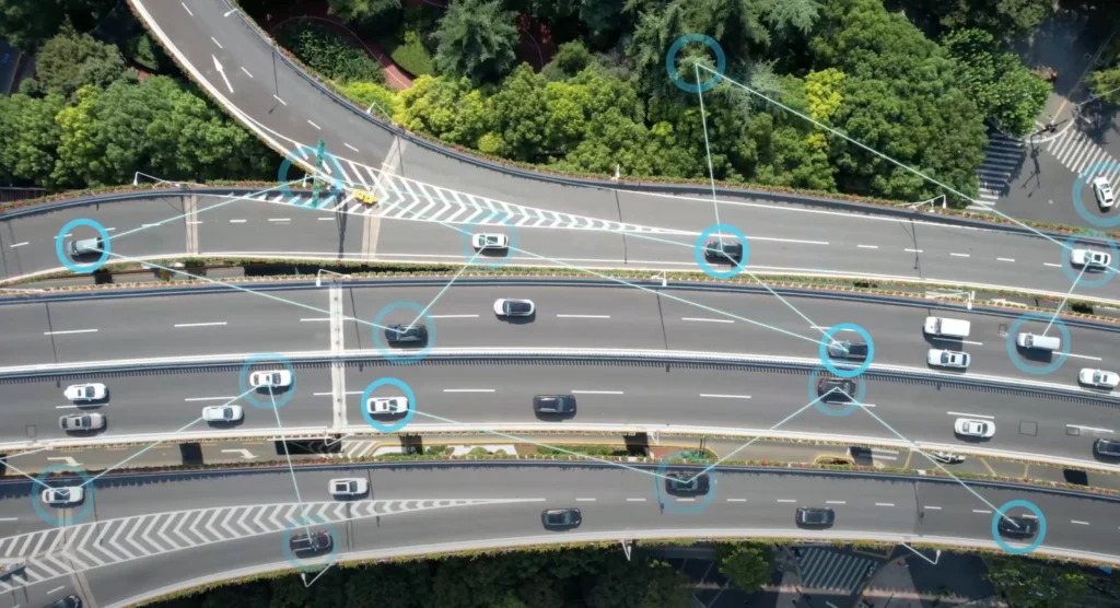 Overhead view of road network with overlaid graphics